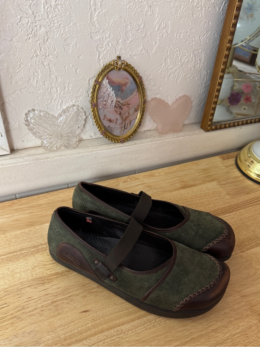 Earth Olive Green Suede Mary Jane Flats Leather Trim Comfort Shoes Size 9 Boho - Picture 5 of 14